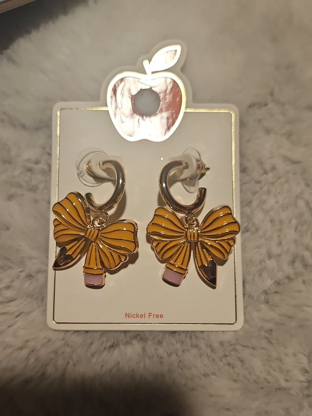Yellow Bow Pencil Dangle Hoop Earrings